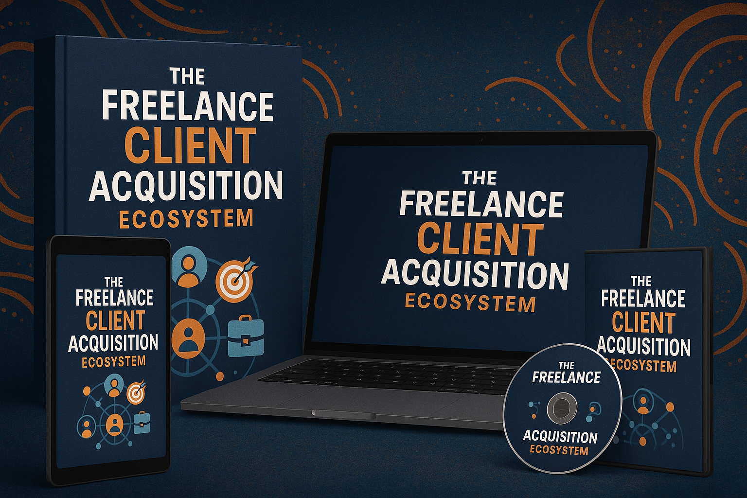 The Freelance Client Acquisition Ecosystem, course mockup showing all 10 phases